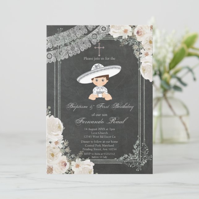Invitación Bautismo y cumpleaños del niño mexicano de la Fies (Anverso de pie)