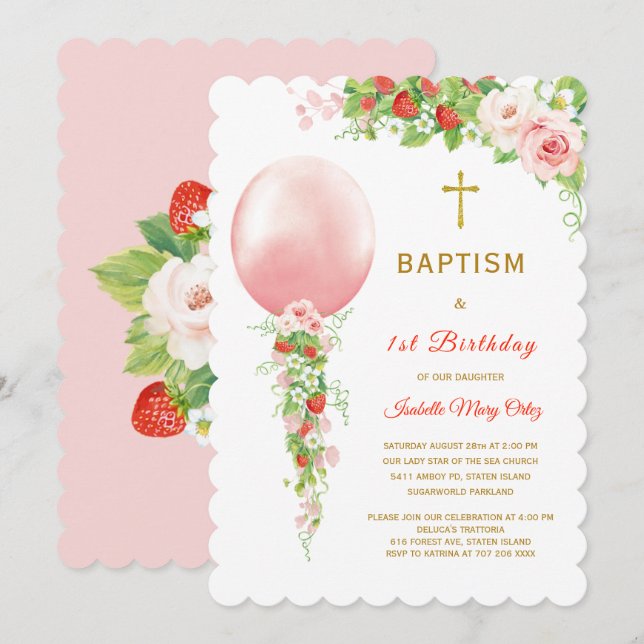 Invitación Bautismo y Cumpleaños número uno de Fresa (Anverso / Reverso)
