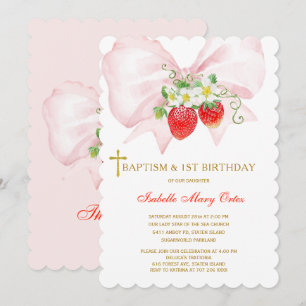 Invitación Bautismo y Cumpleaños número uno de Fresa
