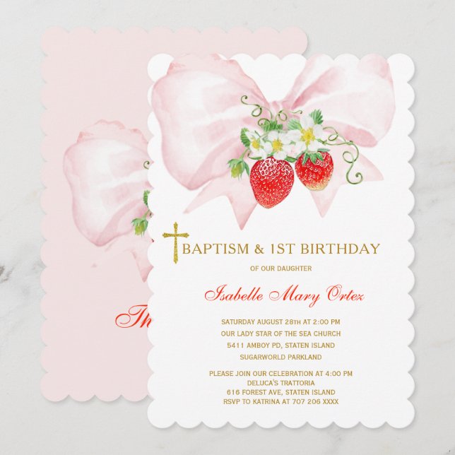 Invitación Bautismo y Cumpleaños número uno de Fresa (Anverso / Reverso)