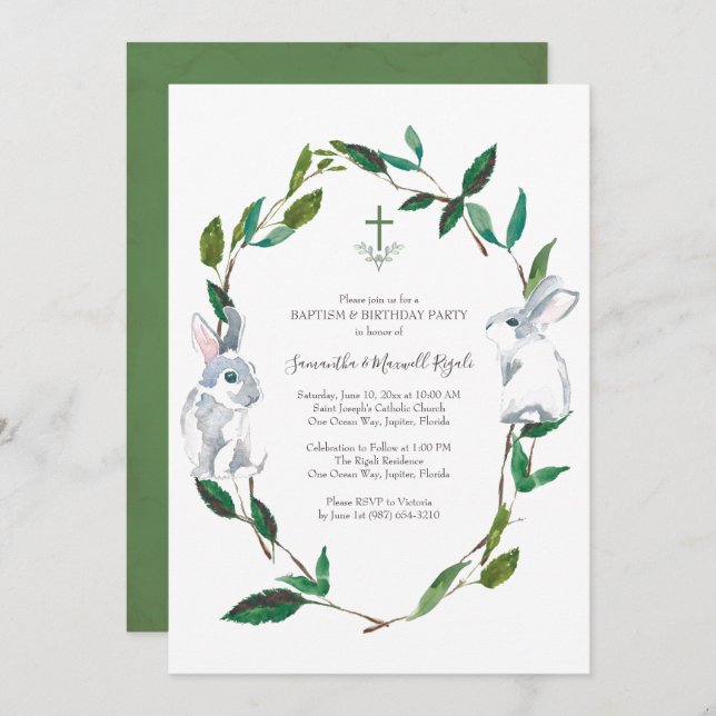 Invitación Bautismo y fiesta de cumpleaños (Anverso / Reverso)