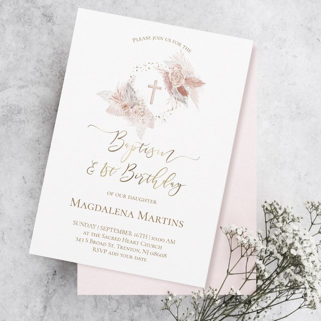 Invitación Bautismo y flores de boho de primer cumpleaños Inv (Subido por el creador)