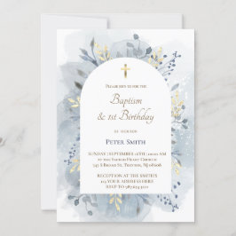 Invitación Bautismo y follaje de color azul de primer cumplea