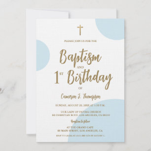 Invitación Bautismo y primer cumpleaños con cruz azul dorado