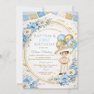 Invitación Bautismo y primer cumpleaños del niño en azul mexi