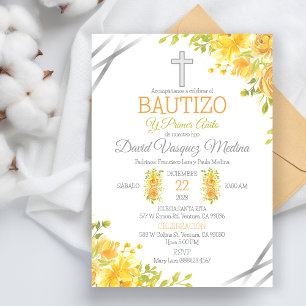 Invitación Bautismo y primer cumpleaños en las flores amarill