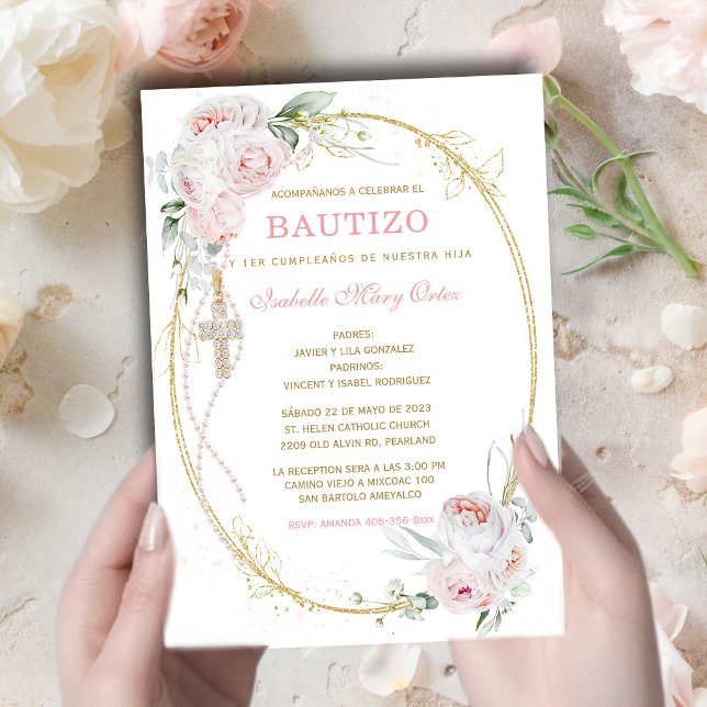 Invitación Bautismo y Primer Cumpleaños Niña Rosa Flores Oro (Subido por el creador)