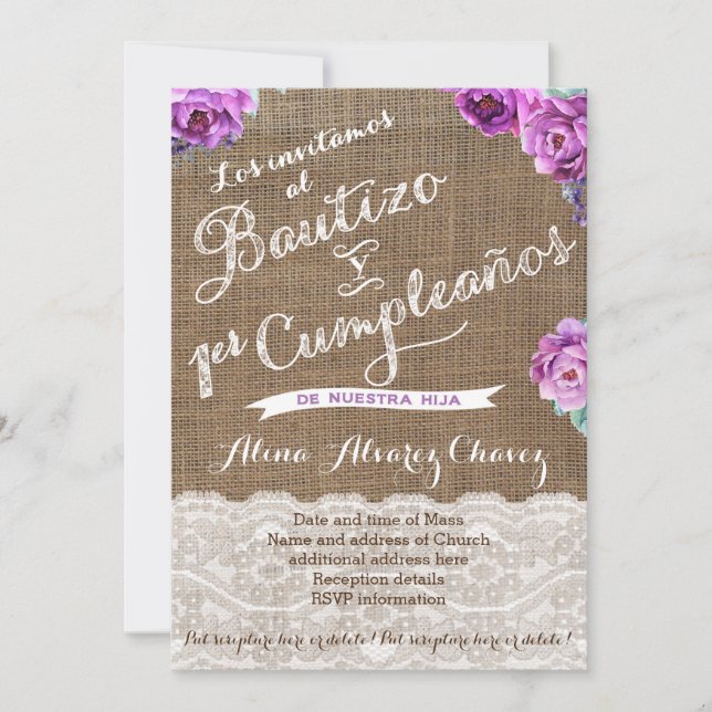 Invitación Bautizo 1er cumpleaños, español invita a Castellan (Anverso)