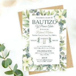 Invitación Bautizo Adorable y Primera Cumpleaños Hojas Verdes