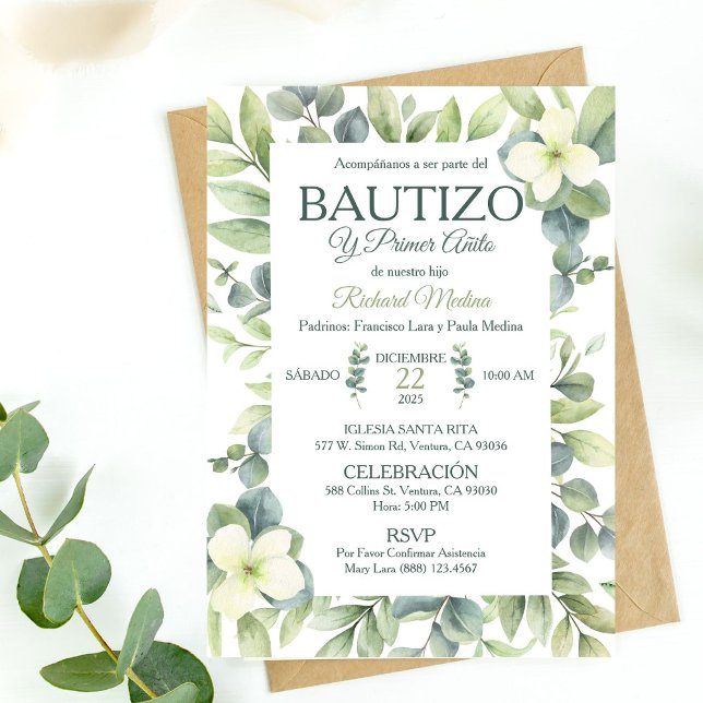 Invitación Bautizo adorable y primera cumpleaños Hojas Verdes (Subido por el creador)