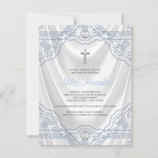 Invitación Bautizo azul bebé Blanco Satén Bautizo (Anverso)