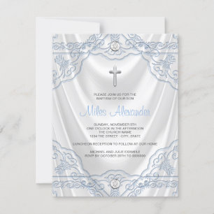 Invitación Bautizo azul bebé Blanco Satén Bautizo