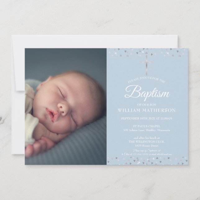Invitación Bautizo Azul Elegante, Foto de Bautizo (Anverso)