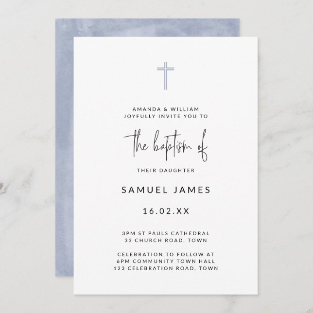 Invitación Bautizo azul minimalista moderno acuarela manuscri (Anverso / Reverso)