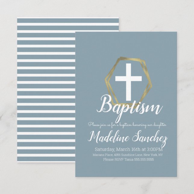 Invitación Bautizo Azul Oro Dedicación Bautismo (Anverso / Reverso)