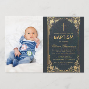 Invitación Bautizo Azul Vintage Niño Foto Cruz Dorada y Letra