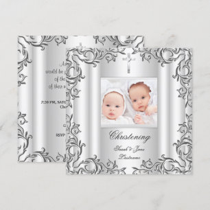 Invitación Bautizo Bautismo Blanco Niña Bebé Gemela