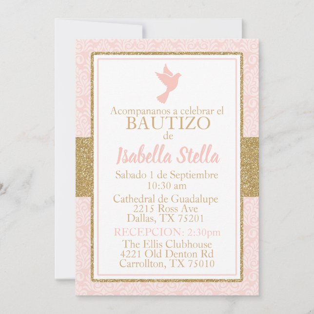 Invitación Bautizo Bautismo Español Doble Oro Rosa (Anverso)