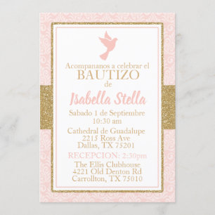 Invitación Bautizo Bautismo Español Doble Oro Rosa