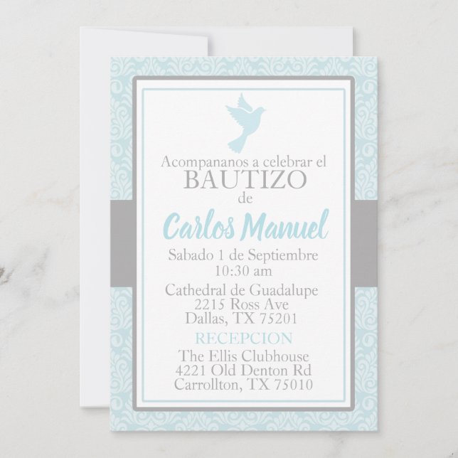 Invitación Bautizo Bautismo Español Doble Plata Azul (Anverso)