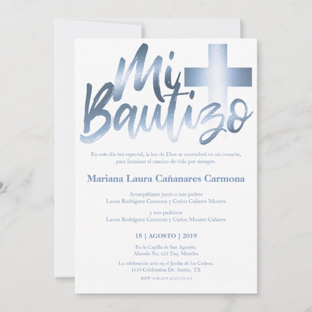 Invitación Bautizo Bautismo Español Faux GOLD (Anverso)
