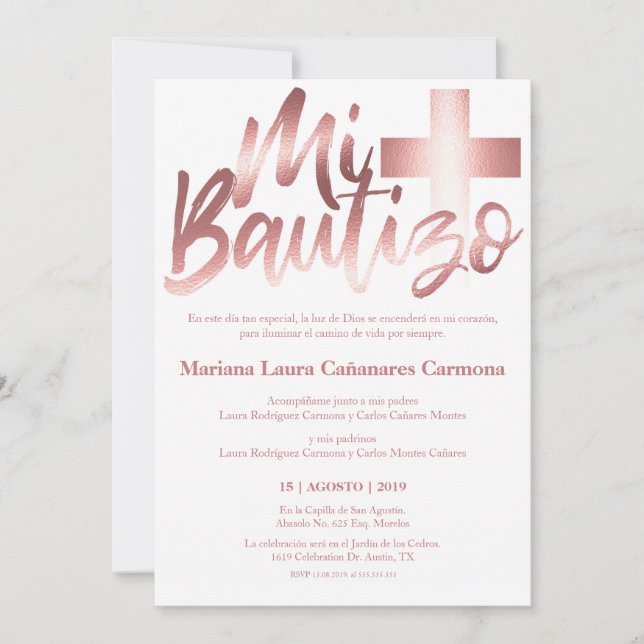 Invitación Bautizo Bautismo Español Faux ROSA GOLD (Anverso)