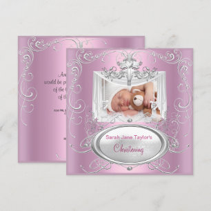 Invitación Bautizo Bautismo Niña Bebé Plata Rosa Cruz