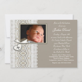 Invitación Bautizo beige de marfil de la foto del muchacho