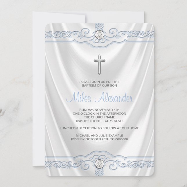 Invitación Bautizo Blanco y Azul Cristo Blanco Satén (Anverso)