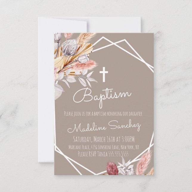Invitación Bautizo boho de acuarela enmarcado dedicación del  (Anverso)