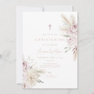 Invitación Bautizo boho de flor rosa