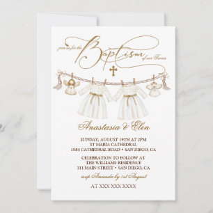 Invitación Bautizo Boho Vintage Gemelas Niñas