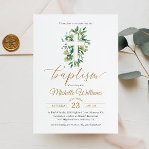 Invitación Bautizo Caligrafía Verde Dorado