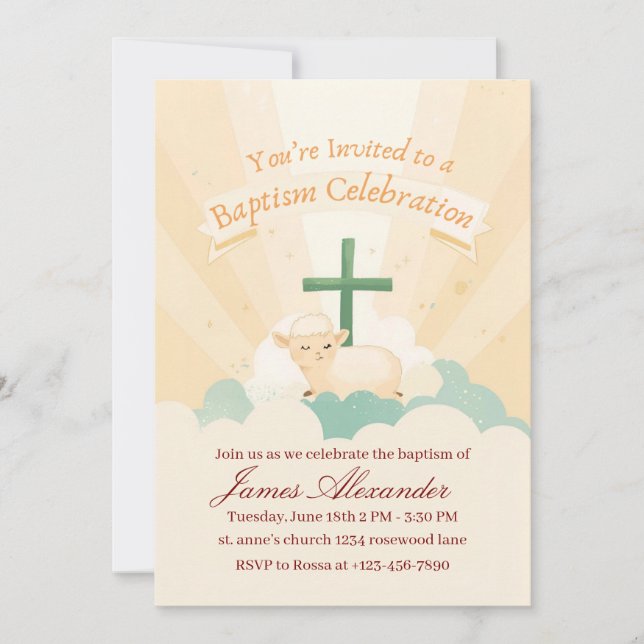 Invitación Bautizo clásico editable para bebé  (Anverso)