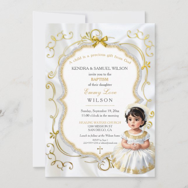 Invitación Bautizo Comunión de Niña Christening Oro Blanco (Anverso)