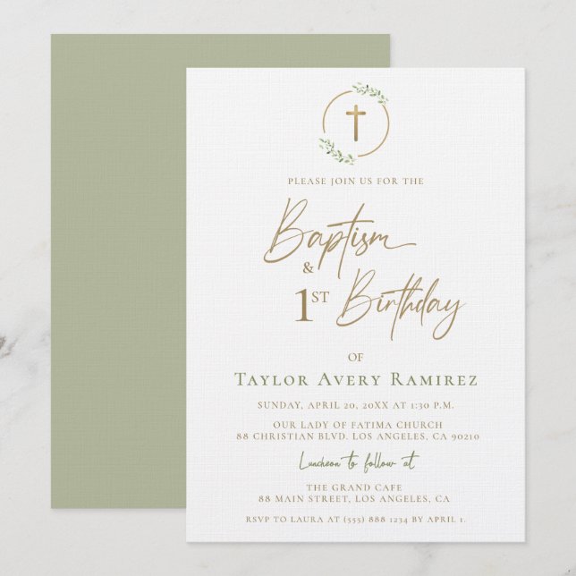 Invitación Bautizo con Escritura Moderna y 1er Cumpleaños Ver (Anverso / Reverso)