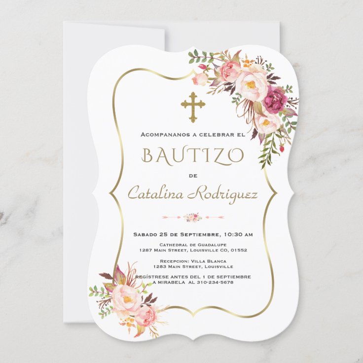 Invitación Bautizo Con Flores Chica de oro | Zazzle.es