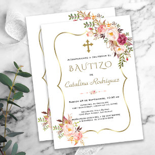 Invitación Bautizo Con Flores Chica de oro