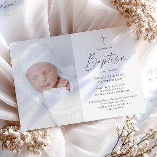 Invitación Bautizo con foto de guión moderno neutral en cuant