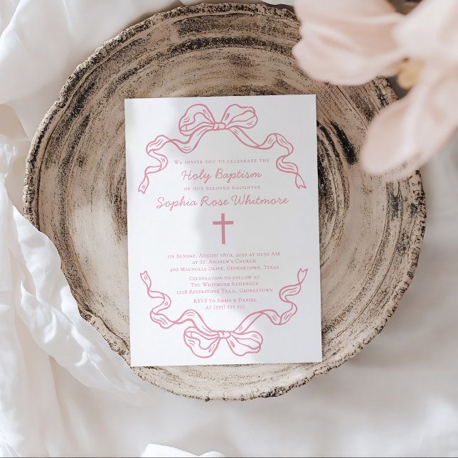 Invitación Bautizo con lazo de gingham rosa moderno elegante (Subido por el creador)