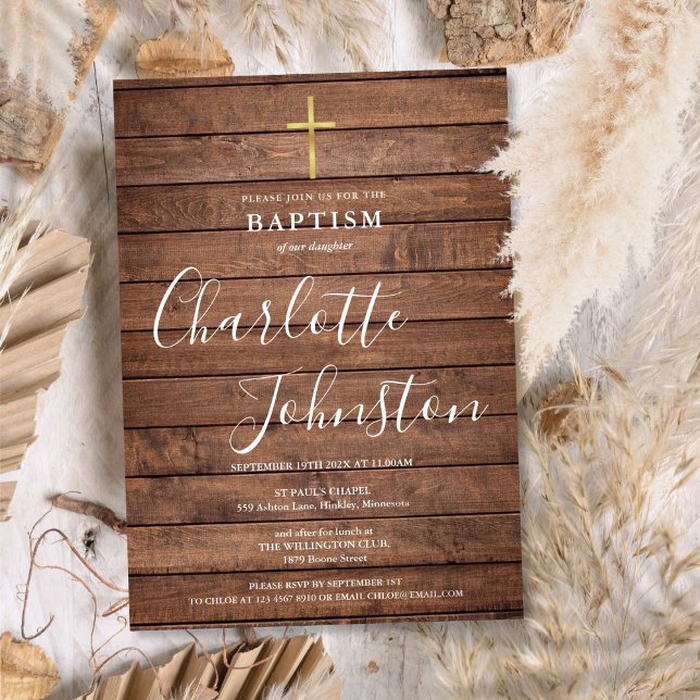 Invitación Bautizo con Letra de Firma de Madera Rústica (Rustic Wood Signature Script Baptism Christening Invitation)