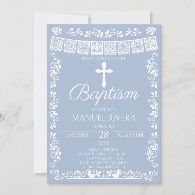 Invitación Bautizo con Papel Picado Azul Polvo (Anverso)