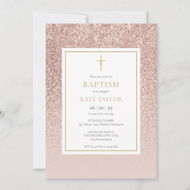 Invitación Bautizo con purpurina de oro rosa (Anverso)