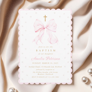 Invitación Bautizo Coquette con Lazo Rosa y Perlas