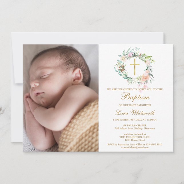 Invitación Bautizo Corona Floral Foto (Anverso)