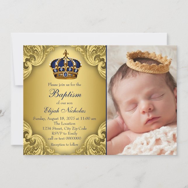 Invitación Bautizo Corona Príncipe Oro Azul Real (Anverso)