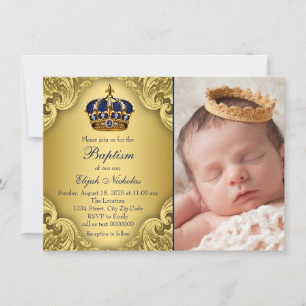 Invitación Bautizo Corona Príncipe Oro Azul Real