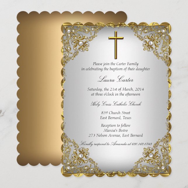 Invitación Bautizo/Cristiandad de Perla Dorada Damask & Cruz (Anverso / Reverso)