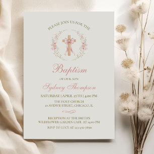 Invitación Bautizo Cristiano de Niña Lazo Floral Rosa
