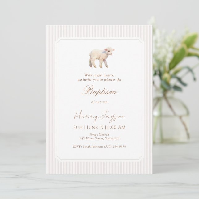 Invitación Bautizo cristiano de niño cordero  (Anverso de pie)